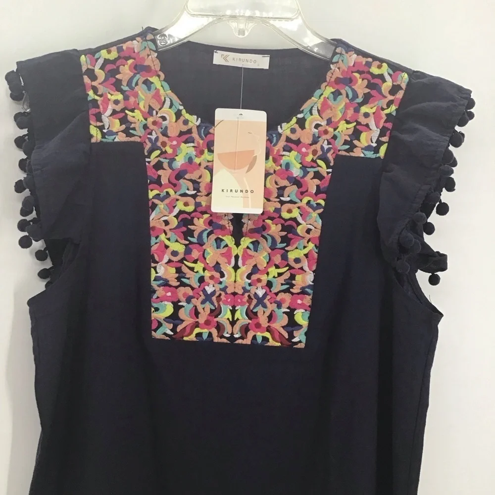 Kirundo NWT Embroidered Fringe Sleeve Mini Dress Casual Beach Navy Size Small - Picture 8 of 8
